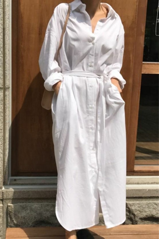 爽やかなロングシャツワンピース 長袖 ホワイト 無地 ウエストマーク ポケット コットン マキシ丈 シンプル 楽ちん ゆったり カジュアル レディース ワンピース 大きいサイズ Lalas