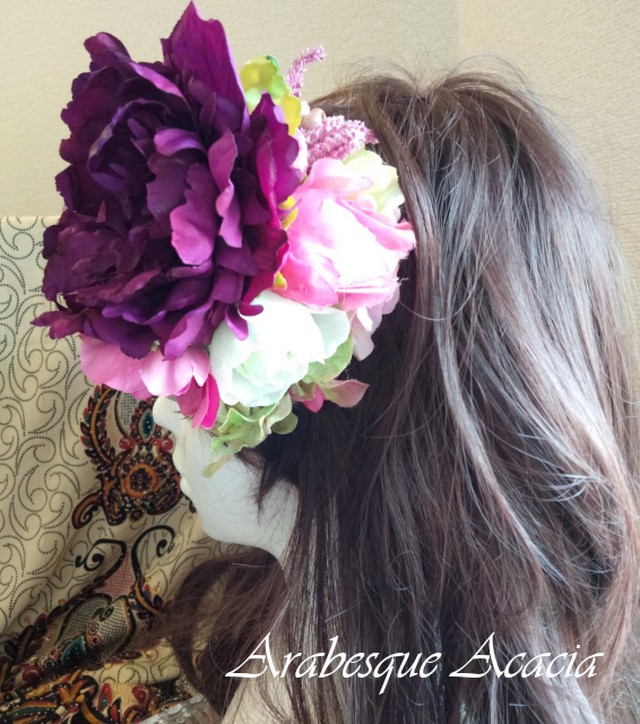 ベリーダンス髪飾り 紫のピオニーとピンク色でまとめた花飾り ベリーダンスショップ アラベスクアカシア