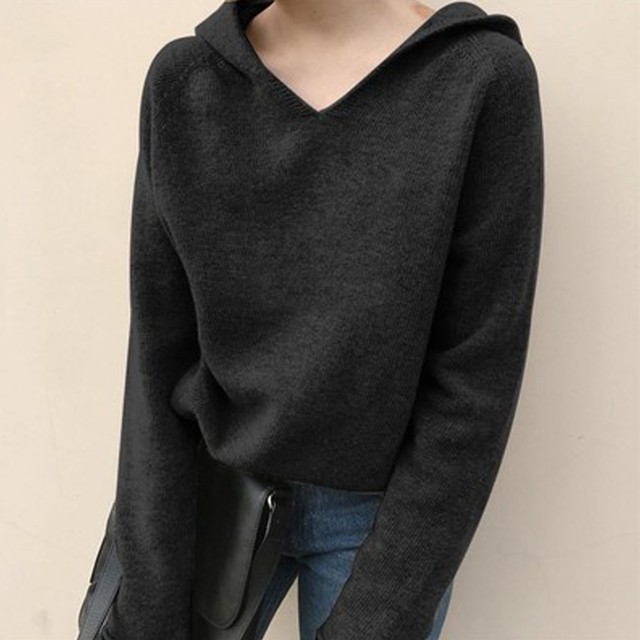 フード付き ニットトップス レディース Vネック ニットセーター 長袖 シンプル 無地 おしゃれ カジュアル 大人 黒 白 ニットソー 秋冬 トップス Infini Arc En Ciel