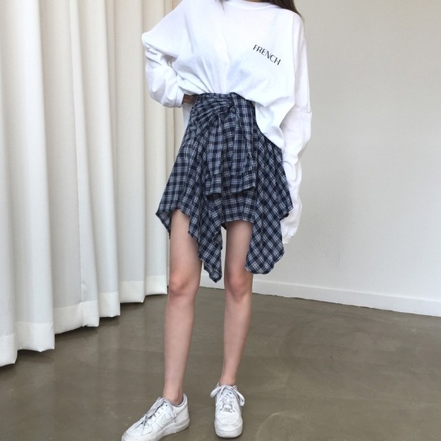 チェック柄ヘムスカート アシンメトリー ショート ミニ丈 スカート ヘムスカート 個性的 カジュアル 大人 デート お出かけ 旅行 女子会 韓国 韓国ファッション オルチャン 可愛い レディース Fa466 Musubi Me 韓国 オルチャン レディースファッションのお店