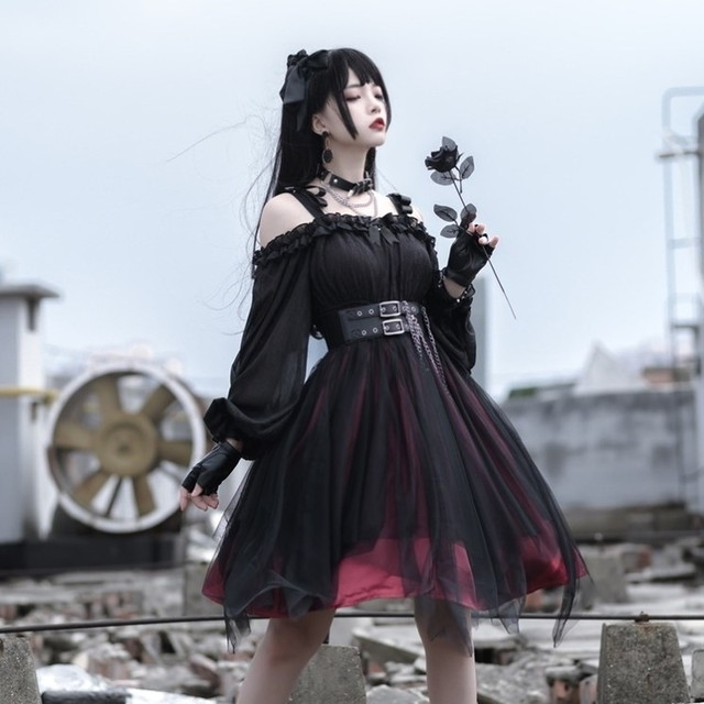 天使と悪魔 病み可愛い ゴシック ドレス Jsk オフショルダー Darkness ハイウエスト レーススカート 地雷系 原宿女子 オルチャン 10代 代 天使と悪魔 サブカル系ファッション Seasonz