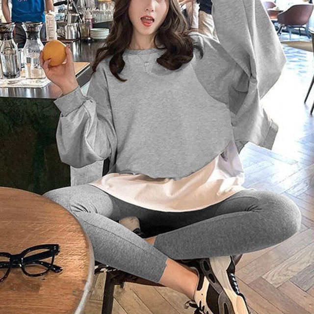 セットアップ レディース 重ね着風 ルームウェア セット カジュアル レイヤード Tシャツ 黒 無地 シンプル デザイン 長袖 トレーナー スウェット シャツ Infini Arc En Ciel