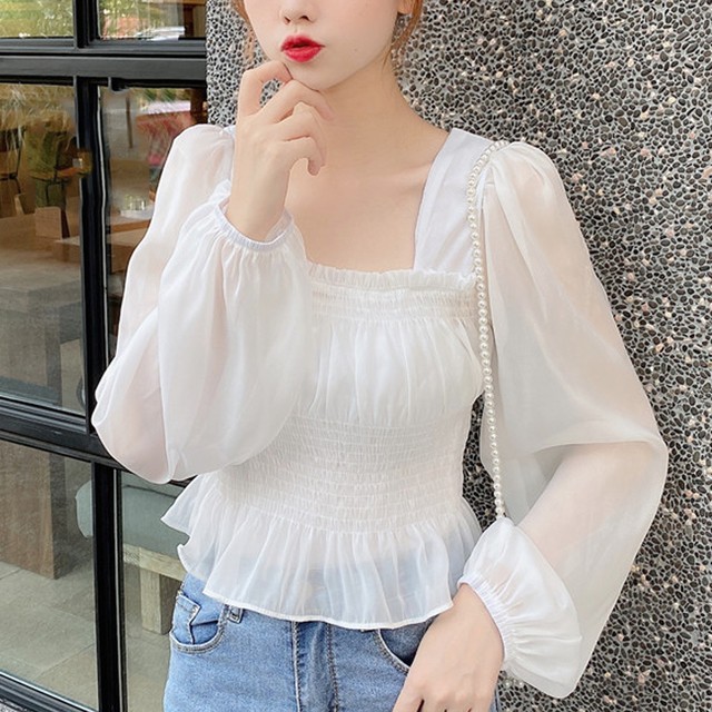 ショート丈トップス トップス2点セット シャツブラウス シフォンブラウス チューブトップ付き パフスリーブ 長袖ブラウス ネット通販 購入 激安 10代 代 30代 40代 春 夏 秋 Roprot ロプロット ファッション レディースアパレル販売 ギフトショップ