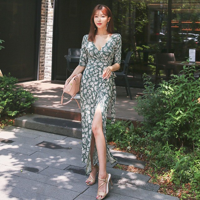 送料無料 韓国 トレンド深スリットグリーン花柄ワンピース Vcmarket