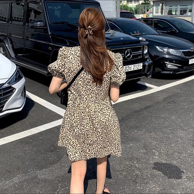 レオパード柄 パフスリーブワンピース 韓国ファッション ガーリーファッション パフスリーブ アニマル柄 Fee Lulu
