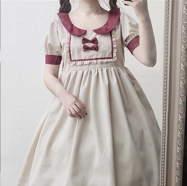 お取り寄せ商品 ワンピース ロリィタ ロリータ ゆめかわいい 姫 乙女 リボン フリル 丸首 丸襟 パフスリーブ 半袖 春 夏 レディース Candy Melts