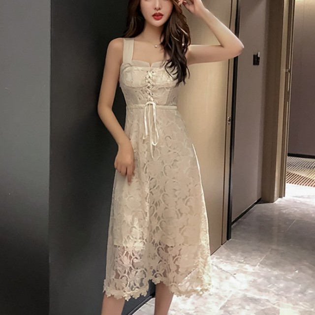 ロングワンピース 編み上げ レース ノースリーブ シースルー ミモレ丈 セクシー ベージュ レディース 40代 50代 きれいめ Hr022 Raxia ラクシア