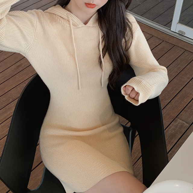 Dress おすすめ高級感 シンプル無地フード付きニットワンピース着痩せチュニック2色 Nanastyle