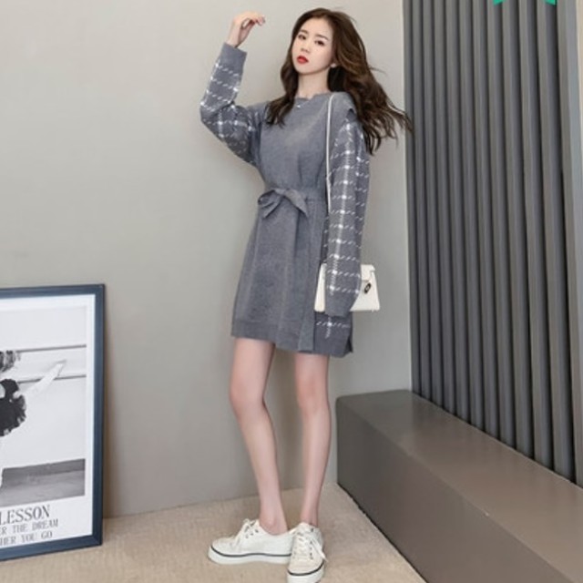 チェック ワンピース 冬服 レディース ドッキングワンピース 秋冬 韓国 ファッション レディース チュニック ニットワンピース ビッグシルエット ニット ロングニット チェック柄 かわいい 重ね着風 Vestito