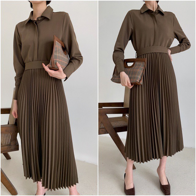 春新作 ワンピース ドッキングワンピース シャツ 長袖 比翼 プリーツ スカート ロング丈 ロングワンピース オフィスカジュアル 通勤 デート きれいめ 上品 春 秋 Canzone カンツォーネ