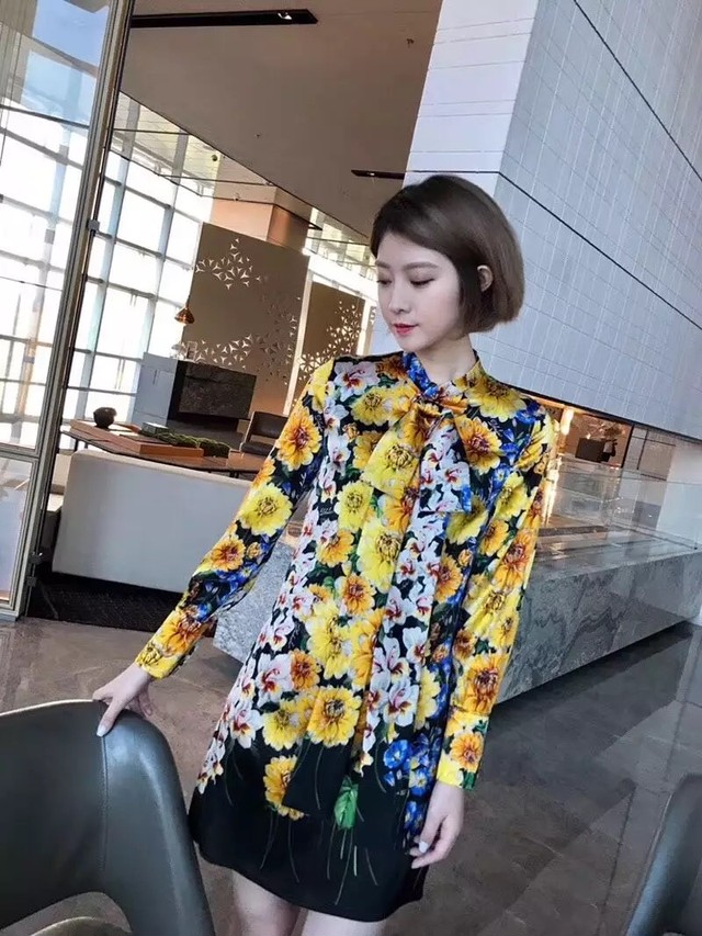 花柄 黄ワンピース ブラック 黒 黄色 イエロー 花柄 フラワー スカーフ マダム セレブ 花柄 Loveysmileshop