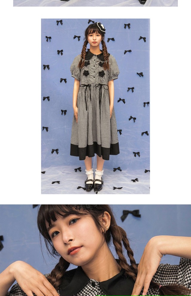 チェック ワンピース 黒 丸襟 ブラウス ゆったり ガーリー Loveysmileshop