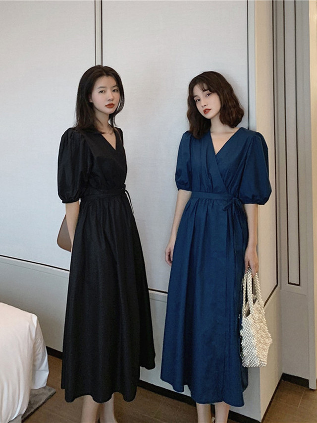 大人上品 ロングワンピース モノトーン レディース 半袖 パフスリーブ カジュアル シンプル 無地 夏 スタイルアップ ハイウエスト 女子会 デート きれいめ Ptnym33 Shop Suba