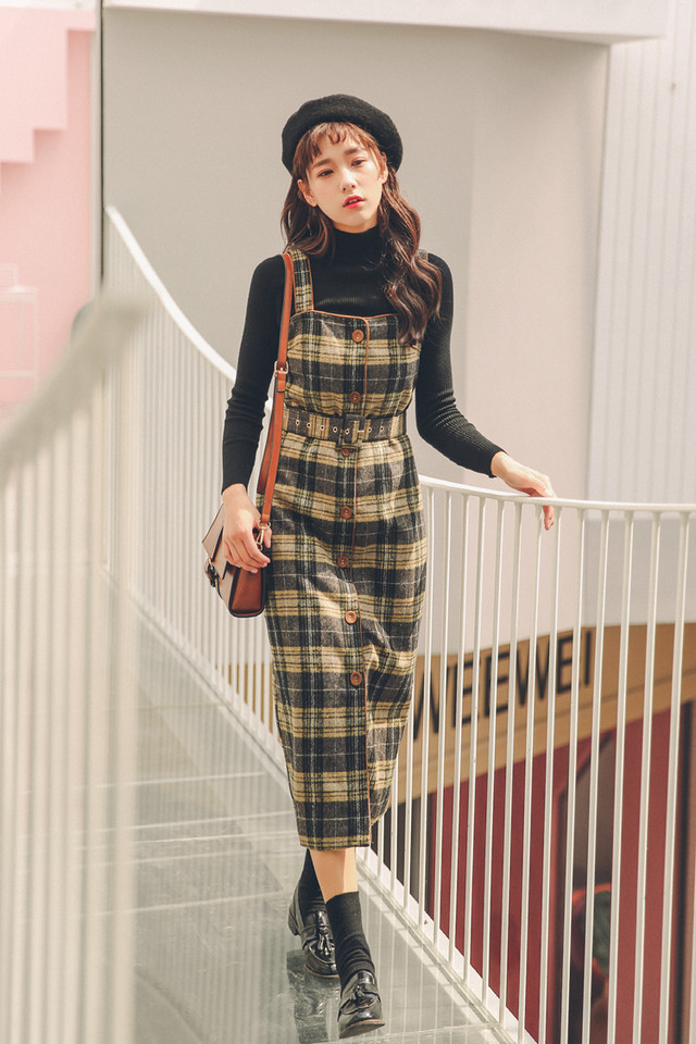 秋冬新作 秋冬物 秋冬 レトロ チェック ミモレ丈 ひざ下丈 スカート ワンピース オールインワン つなぎ ハイウエスト ベルト タイト おじコーデ ウール ボタン An Allure