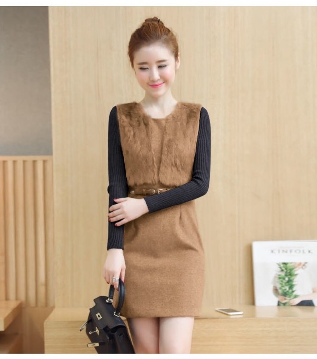 ワンピース 膝上 秋ワンピース レディース ニット ワンピース タイト ドッキング フォーマル ファー付き 膝丈 秋 結婚式 冬 ウール混 きらきら 女子会 タイト 大きいサイズ Wanpi