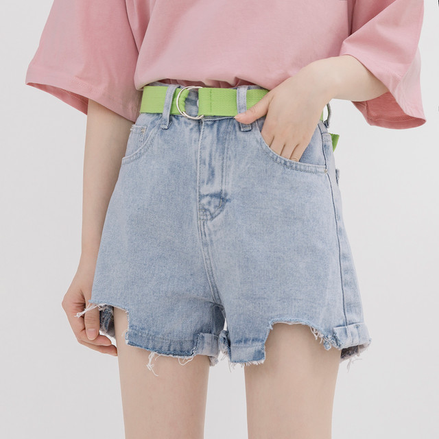 ハイウエスト ショートパンツ デニム ジーンズ ベルト付き ウォッシュド ダメージ 大人 カジュアル 着回し 夏コーデ ｍ1032 Girls Ladies Fashion ユーユアユー