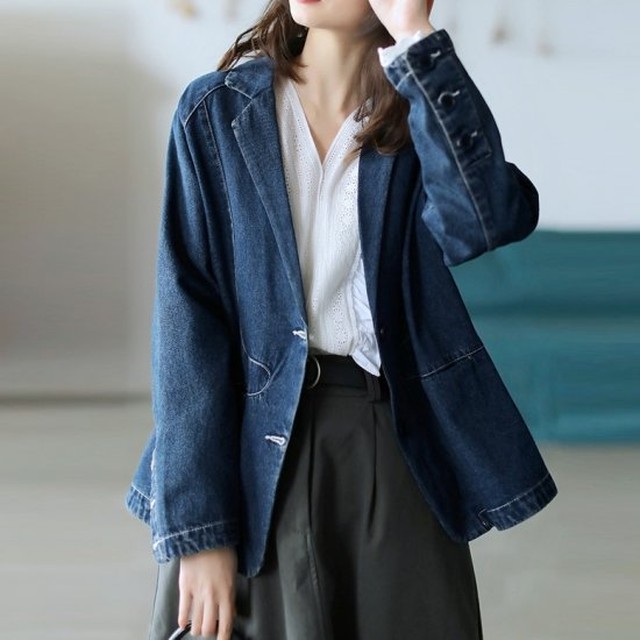 デニムジャケット レディース 春 通勤 青 ブルー オーバーサイズ テーラードジャケット デニム ライトアウター 大人 上品 きれいめ 春アウター 大人カジュアル ゆったり Af4759 Raxia ラクシア