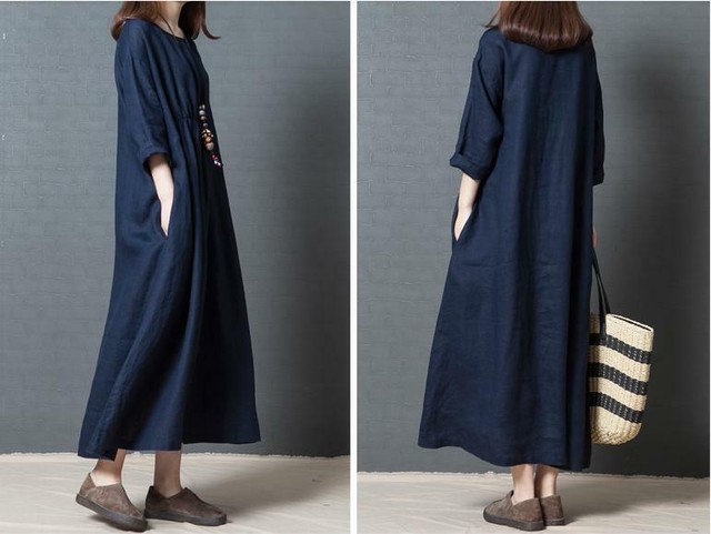 ゆったり ワンピース リラックス コットン 7分袖 マキシ丈 ロング丈 体型カバー 大きいサイズ 着痩せ Evergreen