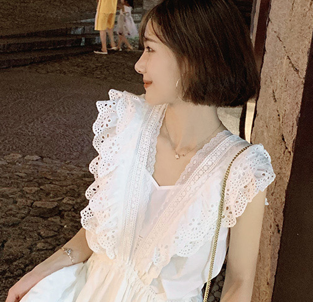 ノースリーブワンピース スカラップレース かわいい コットンワンピース 春夏 ロングワンピース ガーリー フリル デート ゆるふわ ｖネック 大人 かわいい Heart Mart