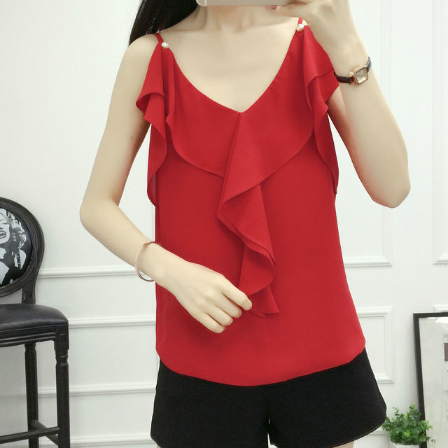 大きなフリル Vネック 2カラー赤 黒 タンクトップ キャミソール レディース Aeka Clothet