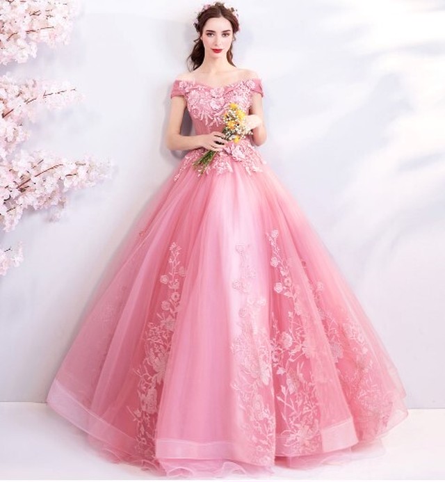 美品 カラードレス ピンク オフショルダー ロング 可愛い エレガント 細見えシルエット Cinderelladress