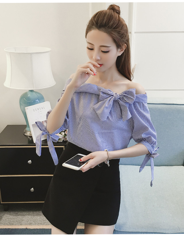 大人可愛い オフショルダー トップス フロント サイド リボン ストライプ 大人 春夏 秋冬 春 夏 秋 冬 オールシーズン 韓国 オルチャン 秋新作 Ut 162 Musubi Me 韓国 オルチャン レディースファッションのお店