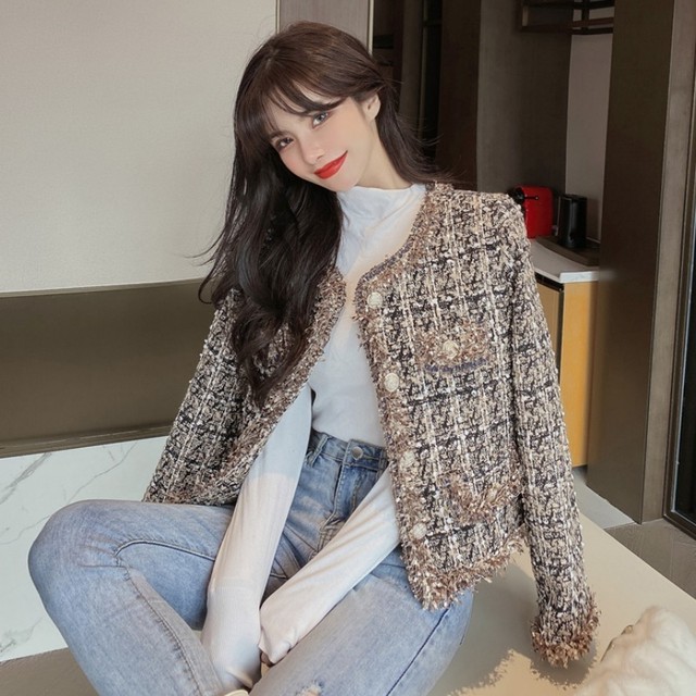 フリンジ ツイードジャケット ノーカラージャケット ショート丈 おしゃれ キレイめ カジュアル オフィス お呼ばれ 春 秋 Crystalhk