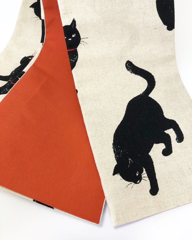 黒猫柄が可愛い女性用半幅帯 オレンジ 黒猫屋ニコル