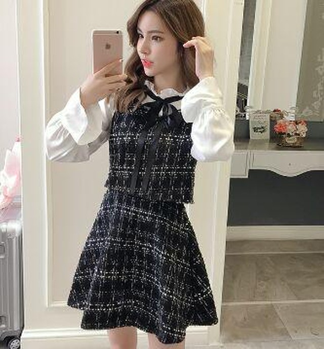 即納 セットアップ風チェックワンピース 秋冬 膝丈 デート レジャー Flowernet