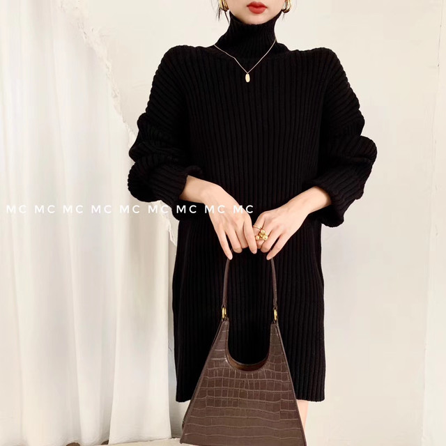 ニットワンピース ミニスカートワンピース ハイネック リブネック ロールアップ袖 膝上 ゆったり ざっくり 体型カバー ロングセーター 暖か 長袖 シンプル シック オシャレ 大人 クール お出かけ デート ショッピング 女子会 秋 冬 レディース 女性 つらら商店