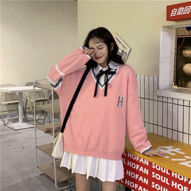 Vネックニットとシャツのセット トップス セーター シャツ リボン Vネック ホワイト ピンク ブラック 学生 韓国 オルチャン 韓国 レディースファッション通販 ポワン