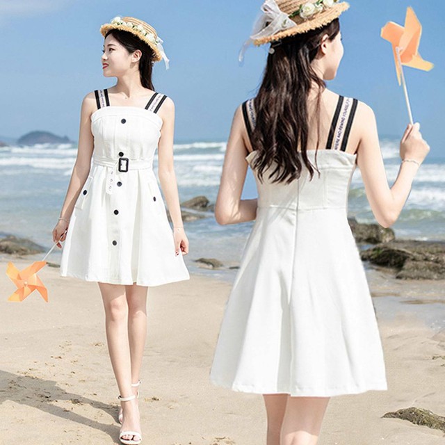 ワンピース レディース フロントボタンワンピース ノースリーブワンピース ミニ ショート ワンピ 送料無料 無地 ハイウエスト Happy Toon
