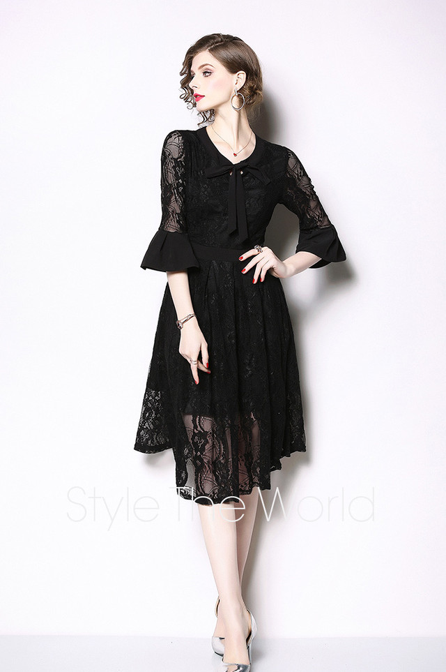 取り寄せ品 パーティドレス ワンピース 総レース ひざ下丈 七分袖 袖あり 30代 ブラック 花柄 ｘライン シースルー Uネック ベルスリーブ フェミニン 春夏 Lavenderlane Fashion Shop