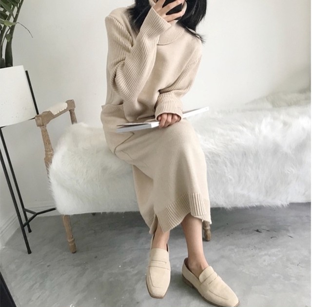 ニットワンピース 冬 ロング 秋冬 ワンピース 韓国 ファッション レディース タートルニットワンピース ポケット付きワンピース タートルネック 取外し ニットロングワンピース 秋服 冬服 レディース ワンピース ブラウン ホワイト グレー Vestito