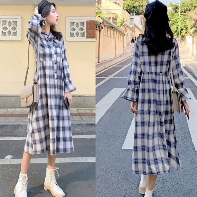 セットアップ M 4xl 大きいサイズ マタニティ 授乳服 レディースセットアップ ワンピース チェック柄 ネックリボン ミモレ丈 長袖 フレア ベスト ワンピース ママコーデ 産後 おしゃれ デイリー お出かけ 秋新作 Hi 1909 Kufu