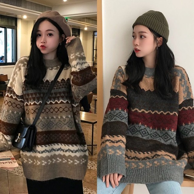 可愛い セーター ノルディックセーター 冬服 レディース 韓国 ファッション レディース ニット オーバーサイズニット ビッグシルエット ニット セーター レディース 冬トップス アーガイルニット 総柄 ニット Vestito