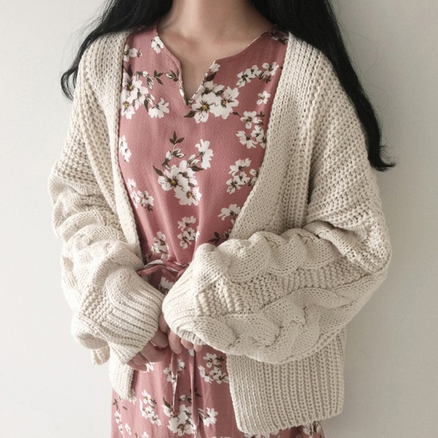 ケーブルニット カーディガン レディース 秋冬 ゆったり ニット ざっくり 無地 シンプル お洒落 かわいい トップス アウター Infini Arc En Ciel