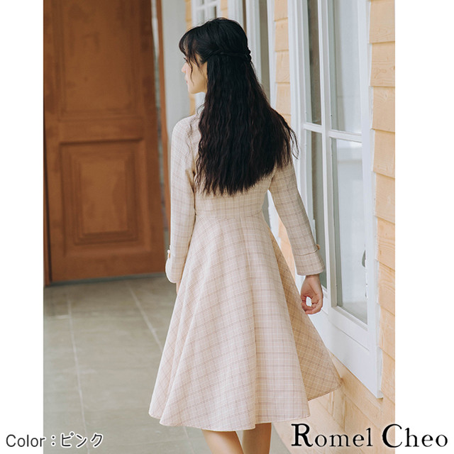 Romelcheo チェック チャイナ風 ワンピース チャイナボタン 膝丈 レディース 九分袖 カジュアル フレア チャイナ服 チャイナ ドレス 漢服 原宿系 ゆめかわ 病みかわ 青文字系 ファッション ロメルチェオ Romelcheo