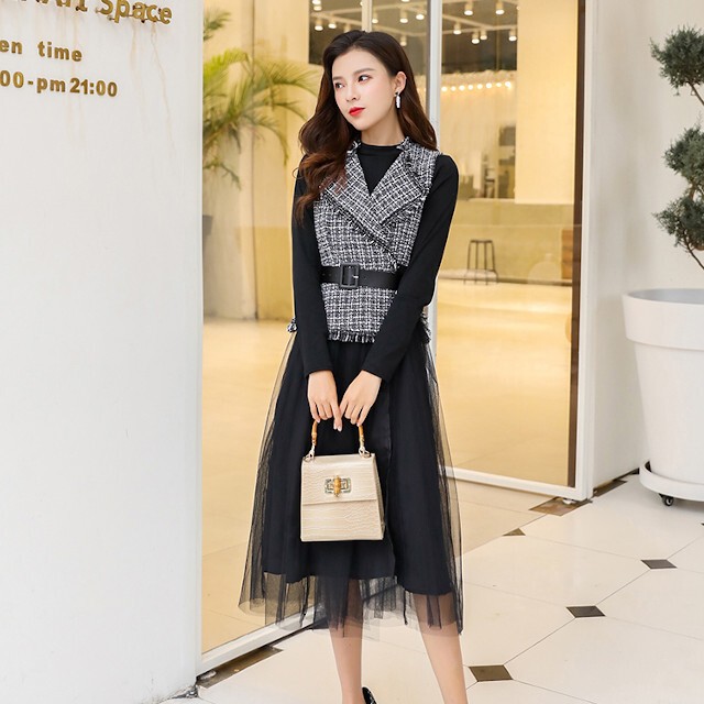 予約販売 結婚式 ドレス S M L Xl Xxl シースルー 秋冬 お呼ばれ ワンピース ロング 黒 ツイード風 ギャザー チュール ワンピース 長袖 レディース ミモレ丈 コーディネートセット Favoritdress