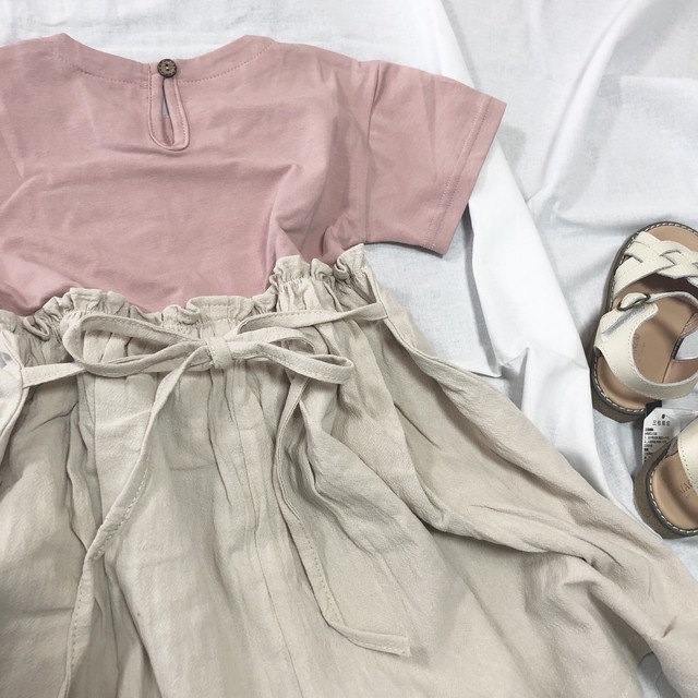 即納 女の子が大好き カジュアルな切り替えワンピース ピンク リボン付き 韓国子供服 半袖 Bloominess