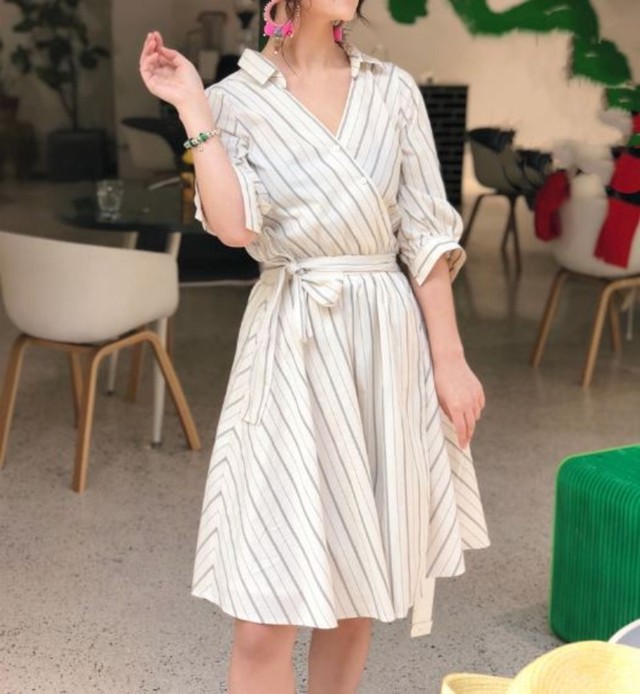 18夏カシュクールシャツワンピース ストライプ 全３色 レディース Aeka Clothet