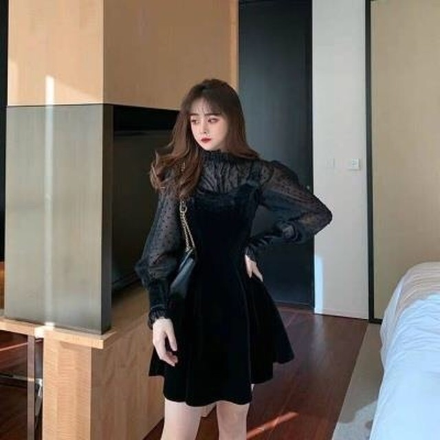 お呼ばれ シースルー ワンピース ドレス 韓国 ファッション レディース ベロア ワンピース ミニ 結婚式お呼ばれ パーティー ドレス ワンピ シアー ドット 長袖 ミニドレス ミニワンピース フレアワンピース Vestito