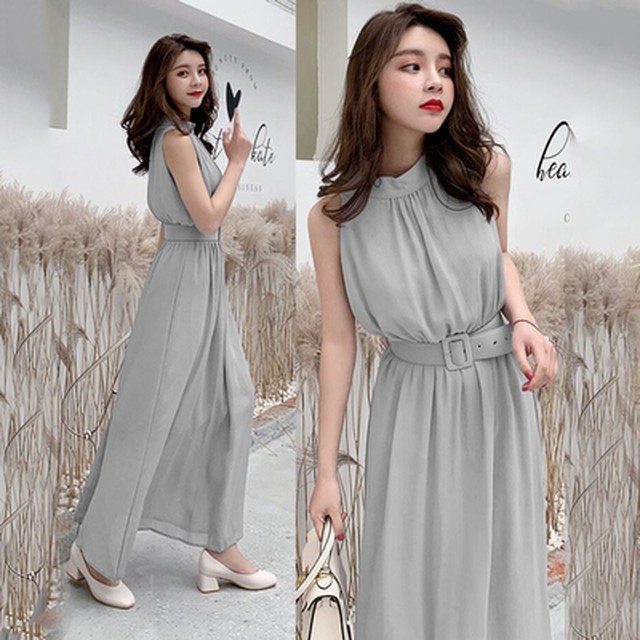 ノースリーブ ハイネック ワンピース ロング丈 シフォン ベルト付 ウエストマーク シンプル エレガント Aya1434 Girl Top