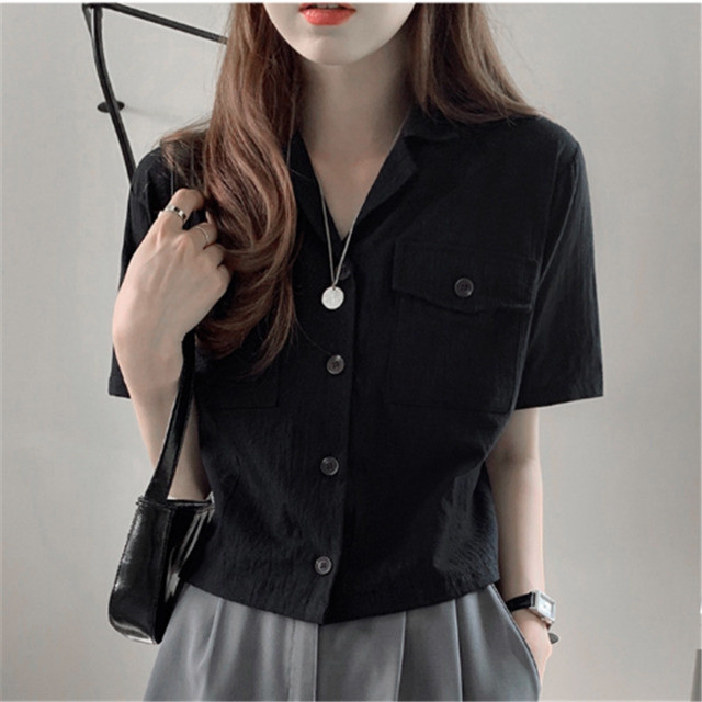 レディース シャツ ブラウス ビジネス オフィス 半袖 トップス 襟付き ｖネック 無地 レトロ 着回し シンプル おしゃれ 大人可愛い カジュアル フェミニン お出かけ 普段着 春 夏 黒 Evergreen