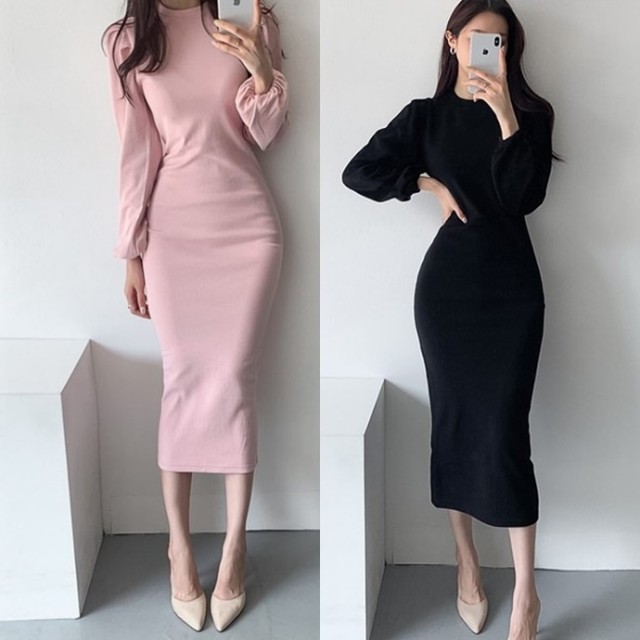 冬 ワンピース ロング 冬 韓国 ファッション 冬服 レディース カットソー スリム ロングワンピース パフスリーブ ワンピース 黒 ナチュラル ピンク ボトルネック スリット タイト お呼ばれ セクシー かわいい ワンピ Vestito