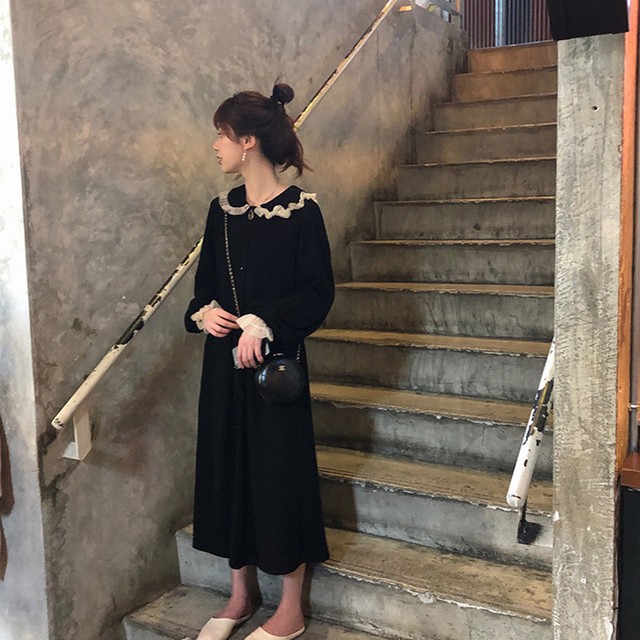 大きいサイズ レディース ワンピース ロング ワンピース ドレス 長袖 フリル袖 フリル襟 チール レース フロントボタン モノトーン シンプル カジュアル おしゃれ 大人可愛い レトロ ガーリー お出かけ お呼ばれ デート 通勤 通学 旅行 普段着 ブラック Hf Haru Foo