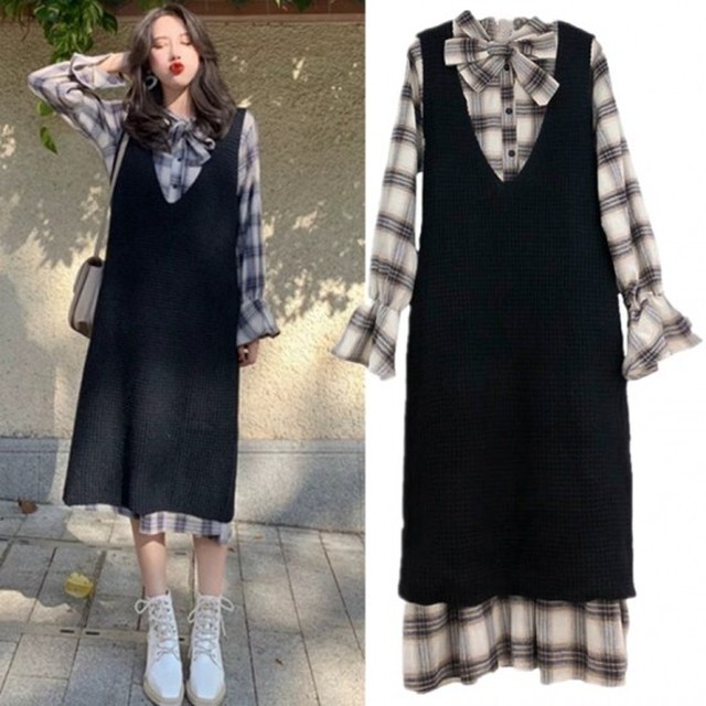 セットアップ レディース ワンピース 秋服 チェック柄 ワンピ 重ね着 リボン 可愛い 長袖 ロングワンピース お出かけ 秋服 Shopmall To You