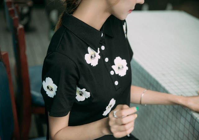 黒花柄 襟付き半袖シャツワンピース 536 韓国プチプラ レディースファッション専門店 Flowery