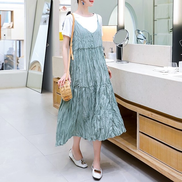 セットアップ ワンピース 半袖 Tシャツ ロング丈 ロングワンピ キャミワンピ シワ感 プリーツ 無地 ハイウエスト ゆったり 体型カバー 春 夏 Evergreen