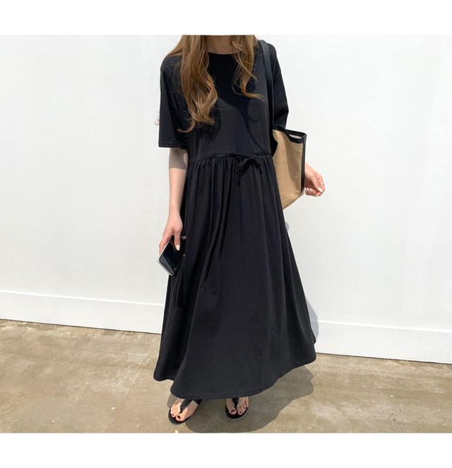 カットソー ワンピース レディース 黒 半袖 ロング Tシャツ ワンピ ウエスト 切り替え ゴム シャーリング ギャザー 夏ワンピ 無地 ゆったり Vestito